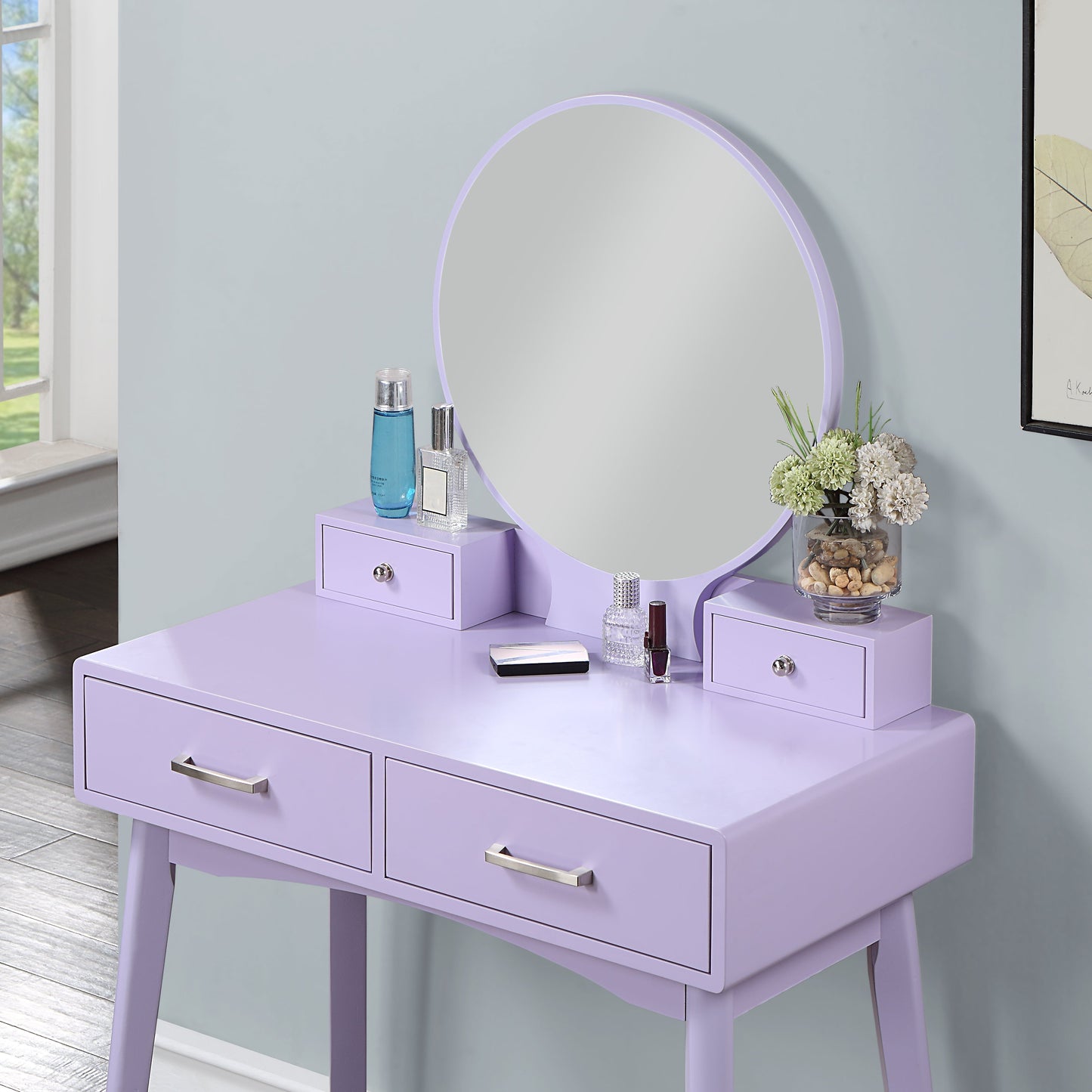 Liannon Contemporary Wood Vanity and Stool Set, Purple