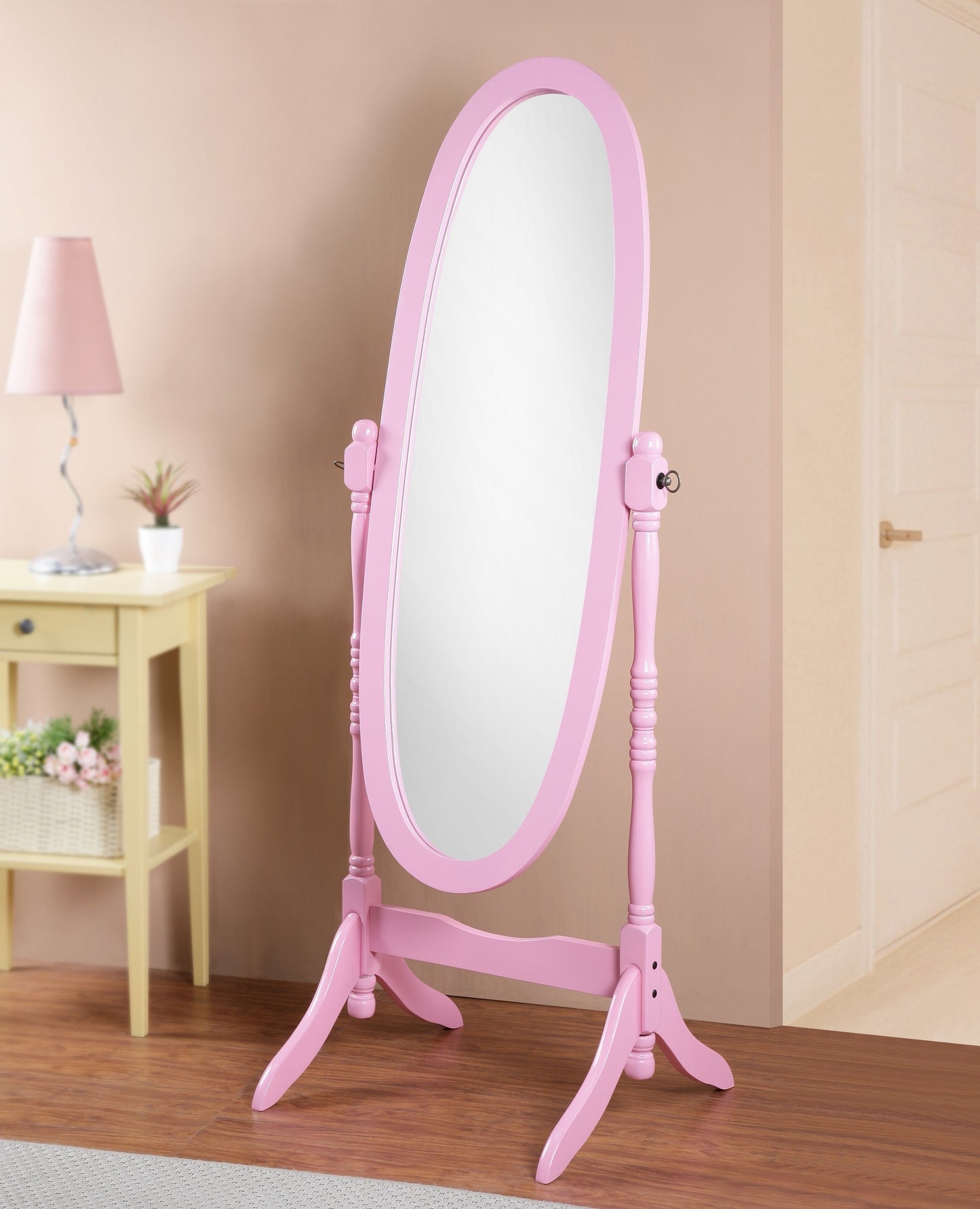 Traditional Queen Anna Style Wood Floor Cheval Mirror, Pink Finish