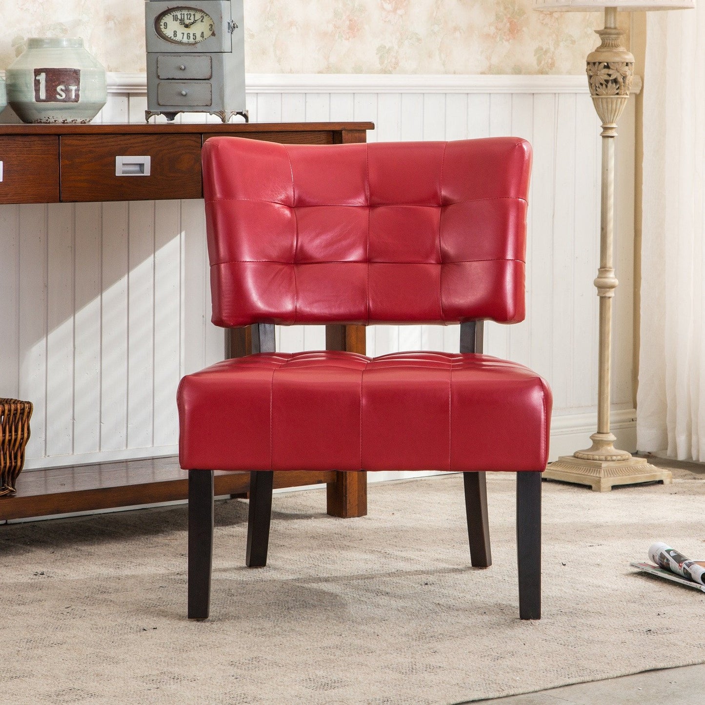Red Blended Leather Tufted Back Accent Chair with Oversized Seating