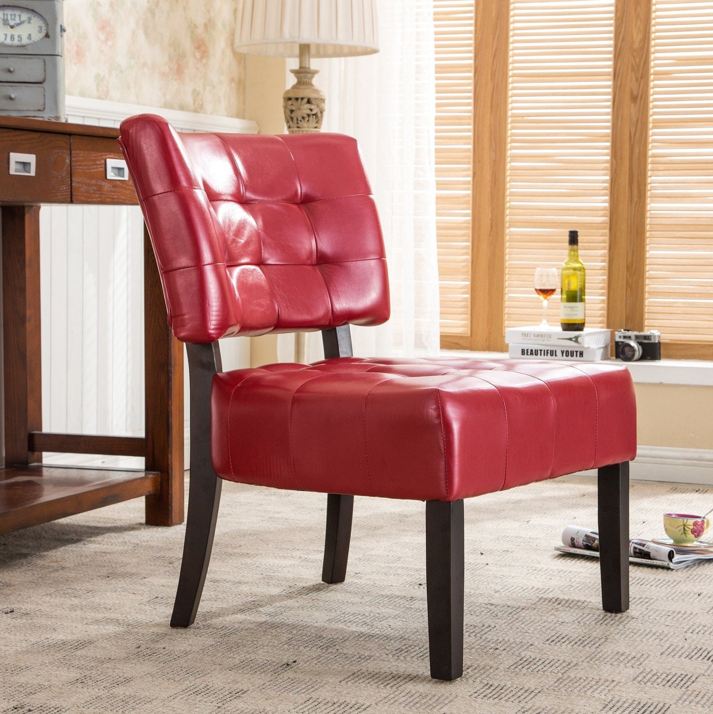 Red Blended Leather Tufted Back Accent Chair with Oversized Seating