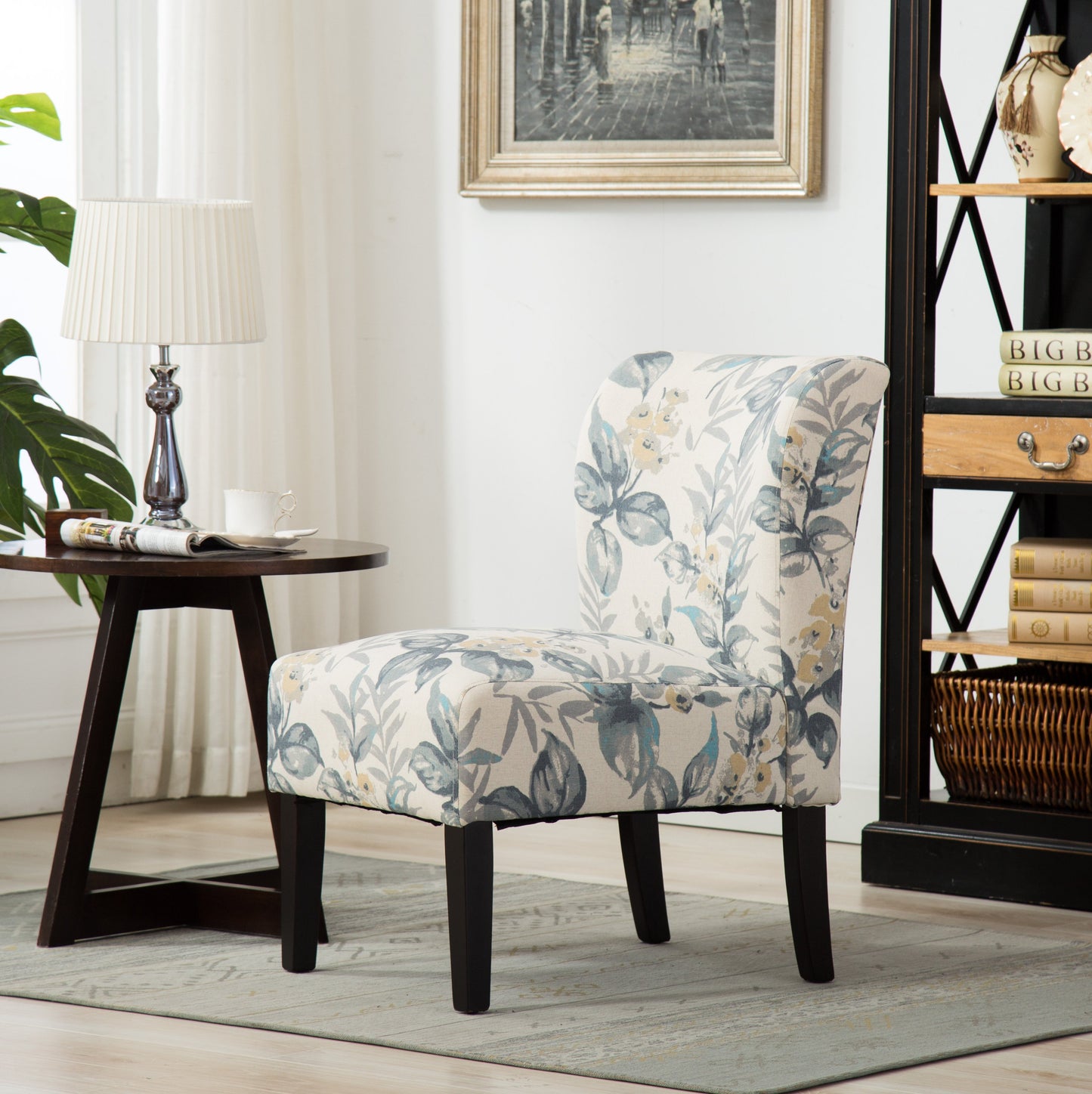 Capa Print Fabric Armless Contemporary Accent Chair, Blue Leaves
