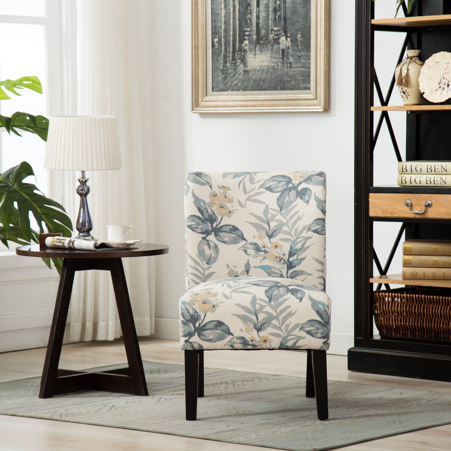 Capa Print Fabric Armless Contemporary Accent Chair, Blue Leaves