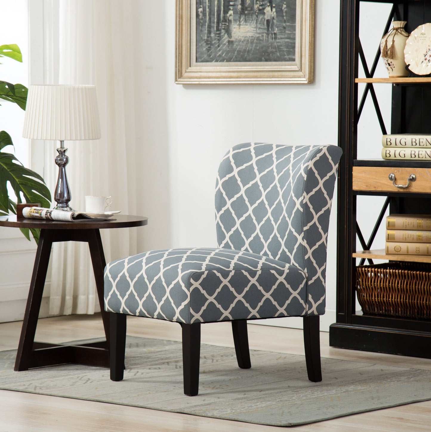 Capa Print Fabric Armless Contemporary Accent Chair, Grid
