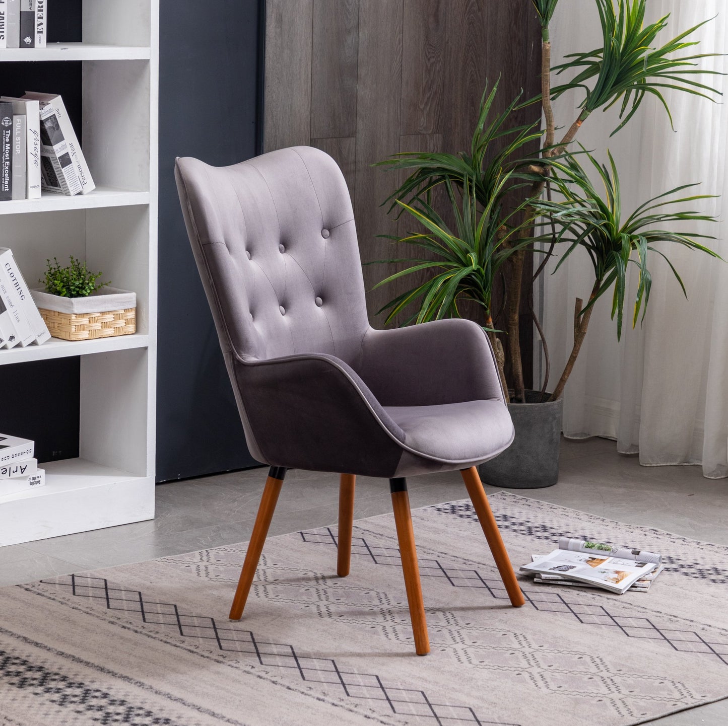 Doarnin Contemporary Silky Velvet Tufted Button Back Accent Chair, Gray