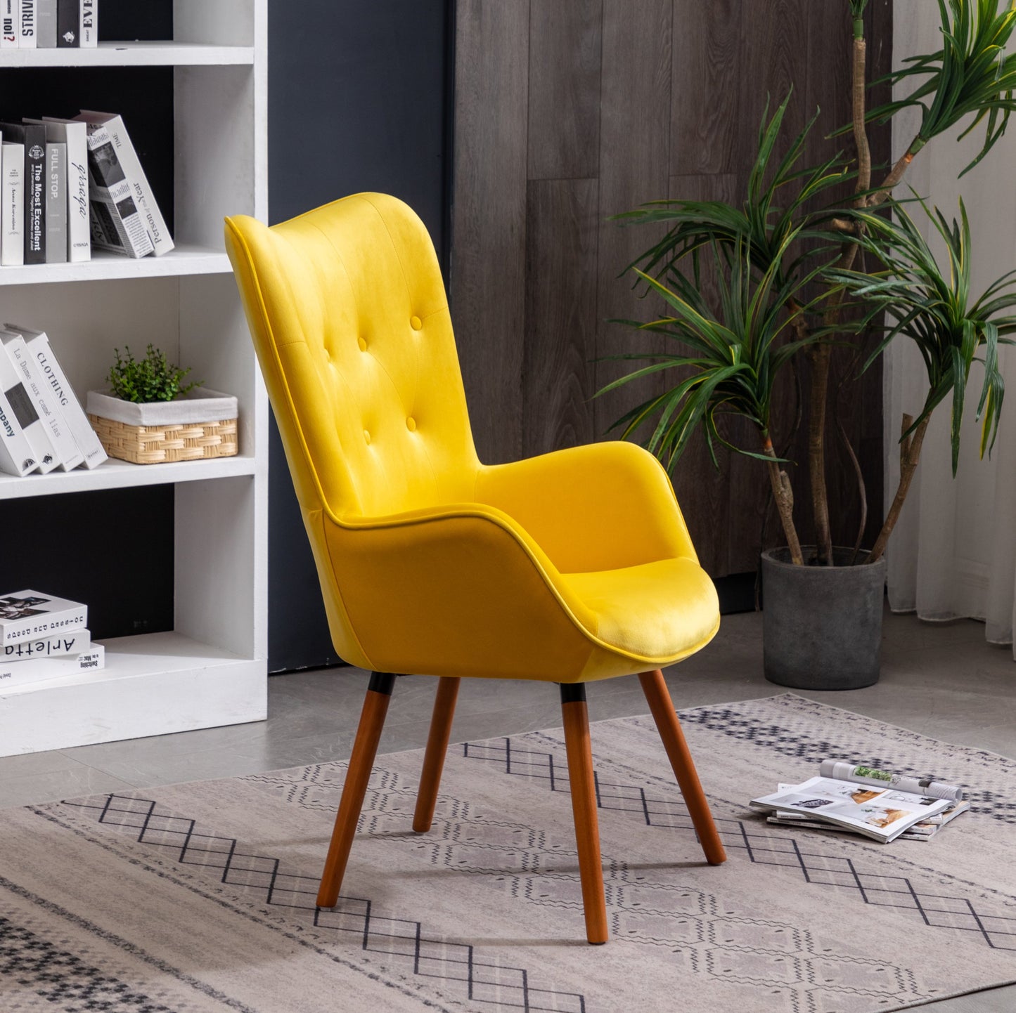 Doarnin Contemporary Silky Velvet Tufted Button Back Accent Chair, Yellow