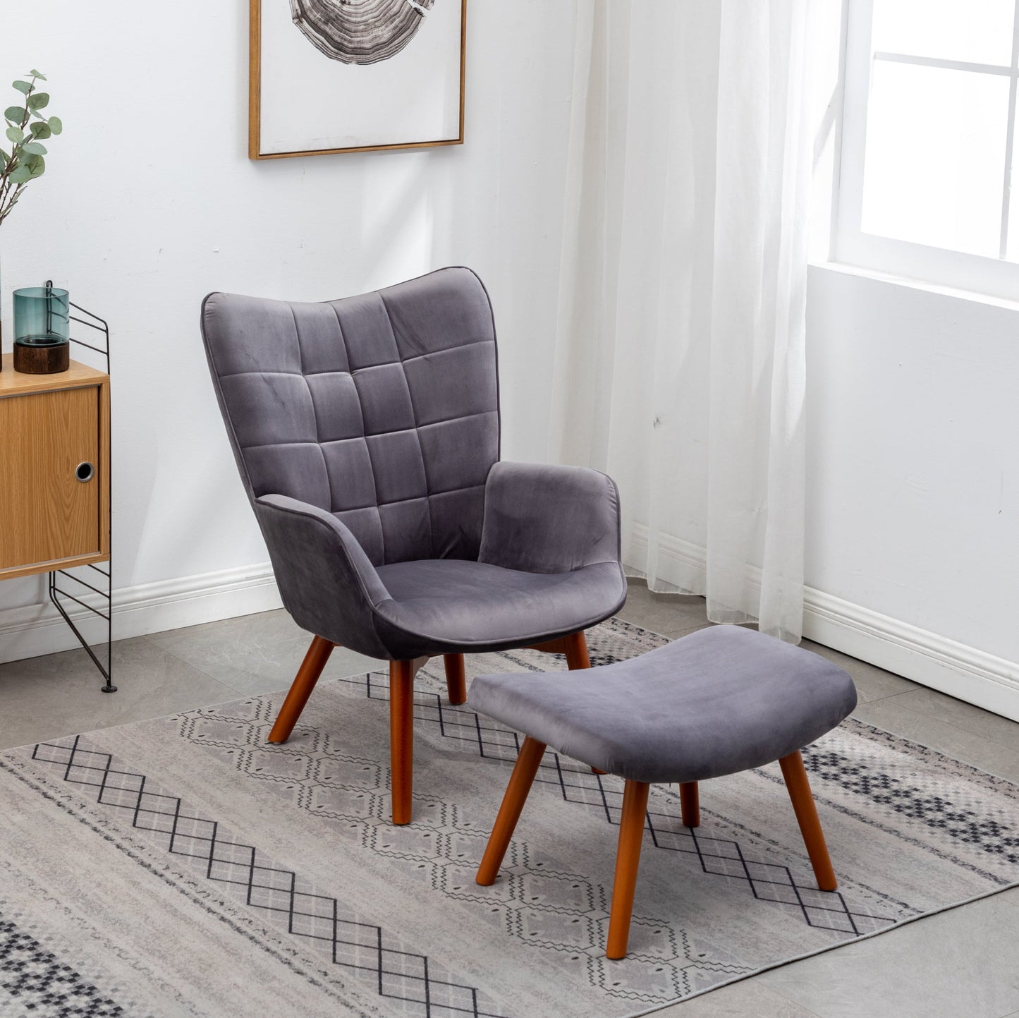 Leiria Contemporary Silky Velvet Tufted Accent Chair with Ottoman, Gray
