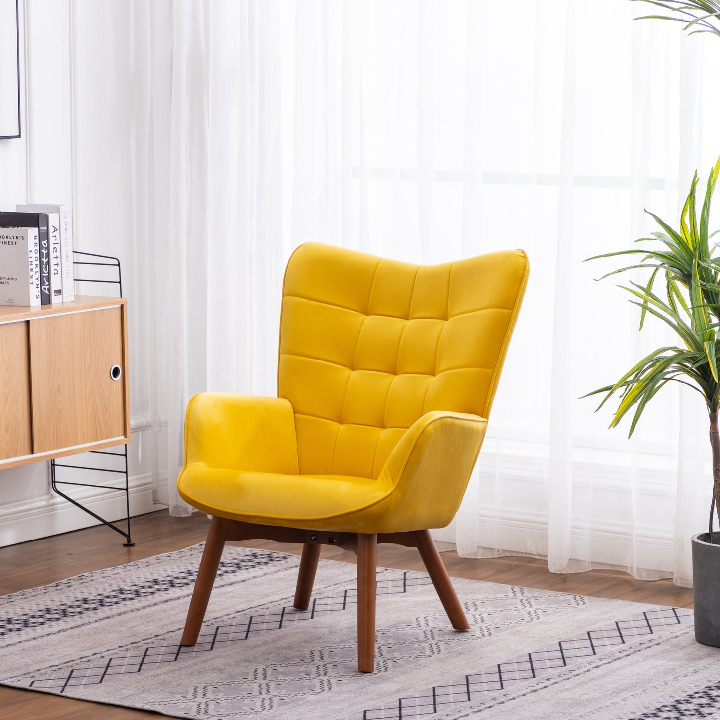 Leiria Contemporary Silky Velvet Tufted Accent Chair with Ottoman, Yellow