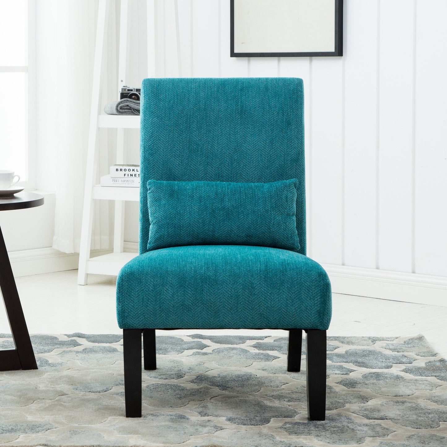 Pisano Teal Blue chenille Fabric Armless Contemporary Accent Chair with Pillow