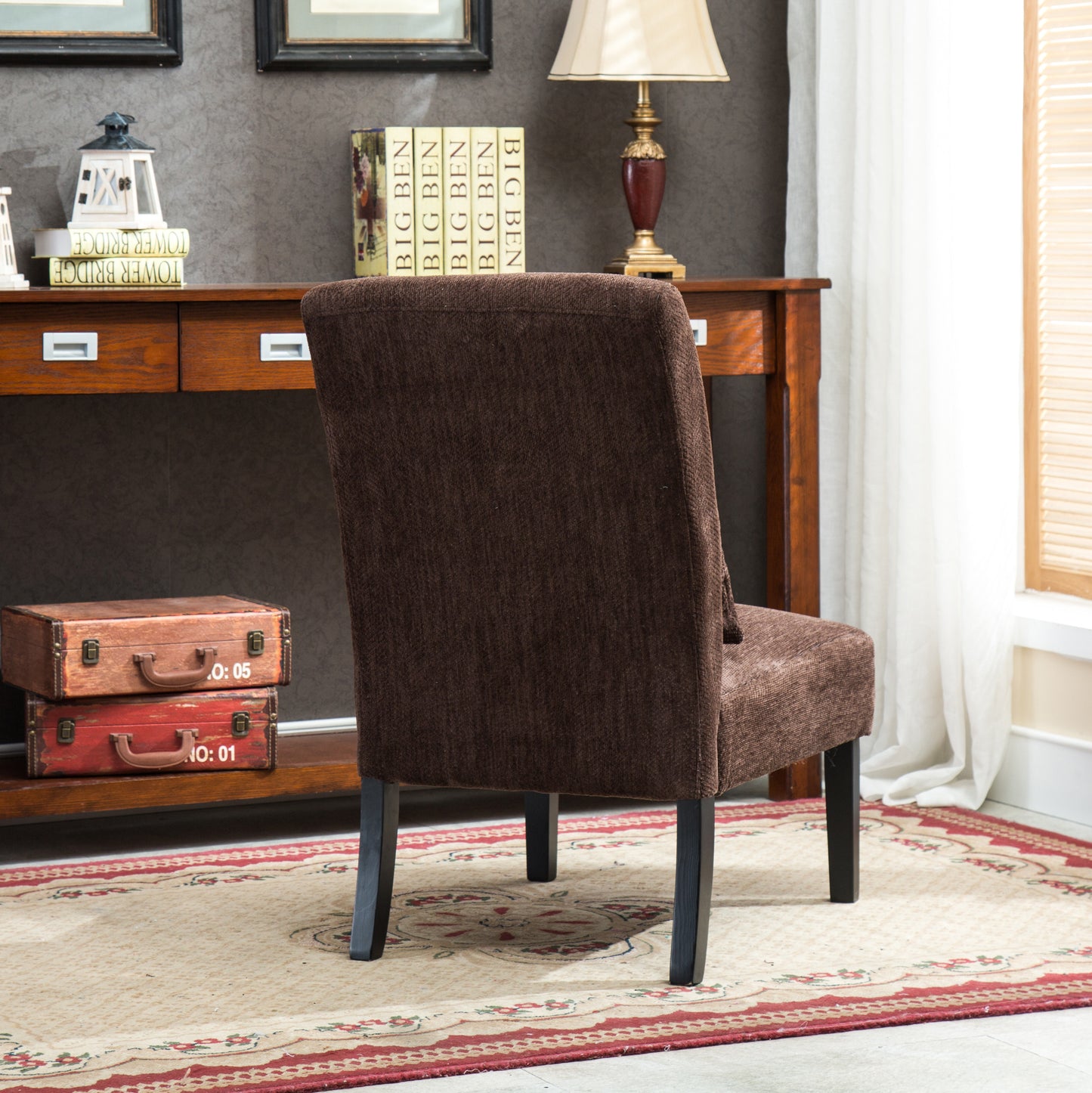Pisano Chocolate chenille Fabric Armless Contemporary Accent Chair with Pillow