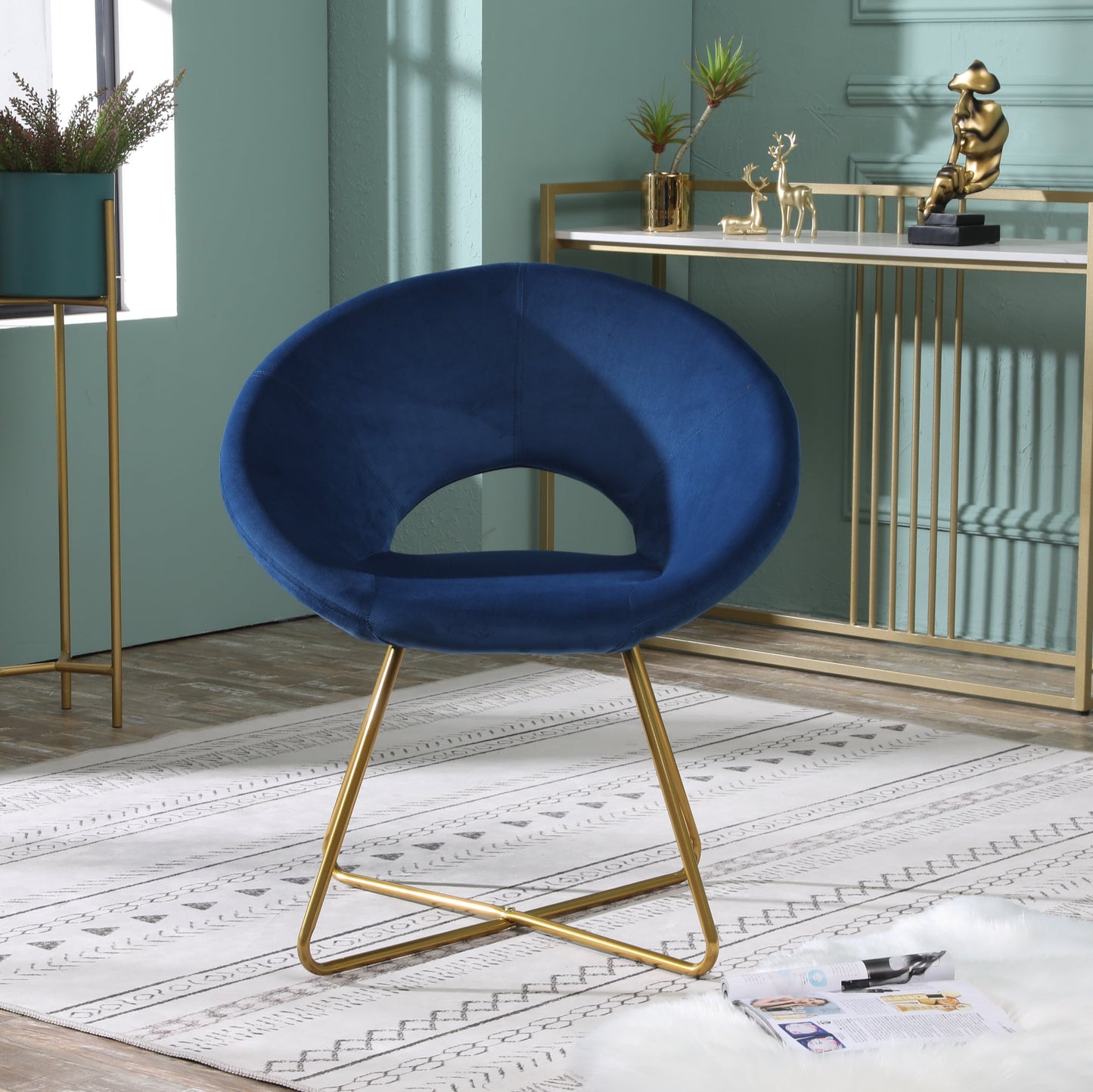 Slatina Blue Silky Velvet Upholstered Accent Chair with Gold Tone Finished Base