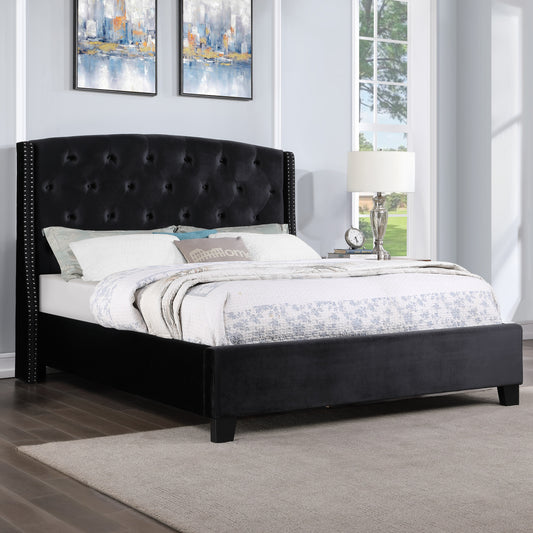 Summit Wingback Tufted Upholstered Bed with Nailhead in Black