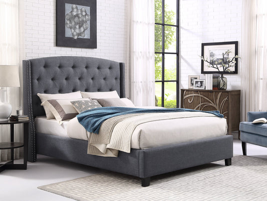 Nantarre Fabric Button Tufted Wingback Upholstered Bed with Nail Head Trim, Gray