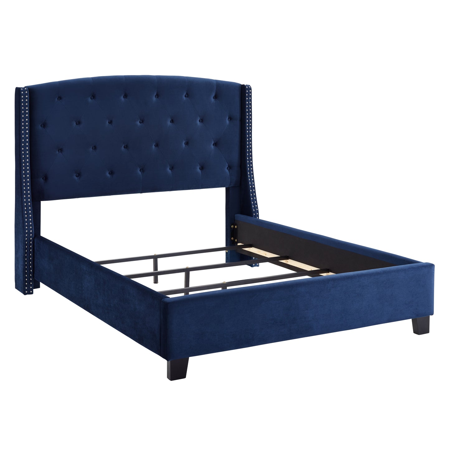Summit Fabric Button Tufted Wingback Upholstered Bed with Nail Head Trim, Blue