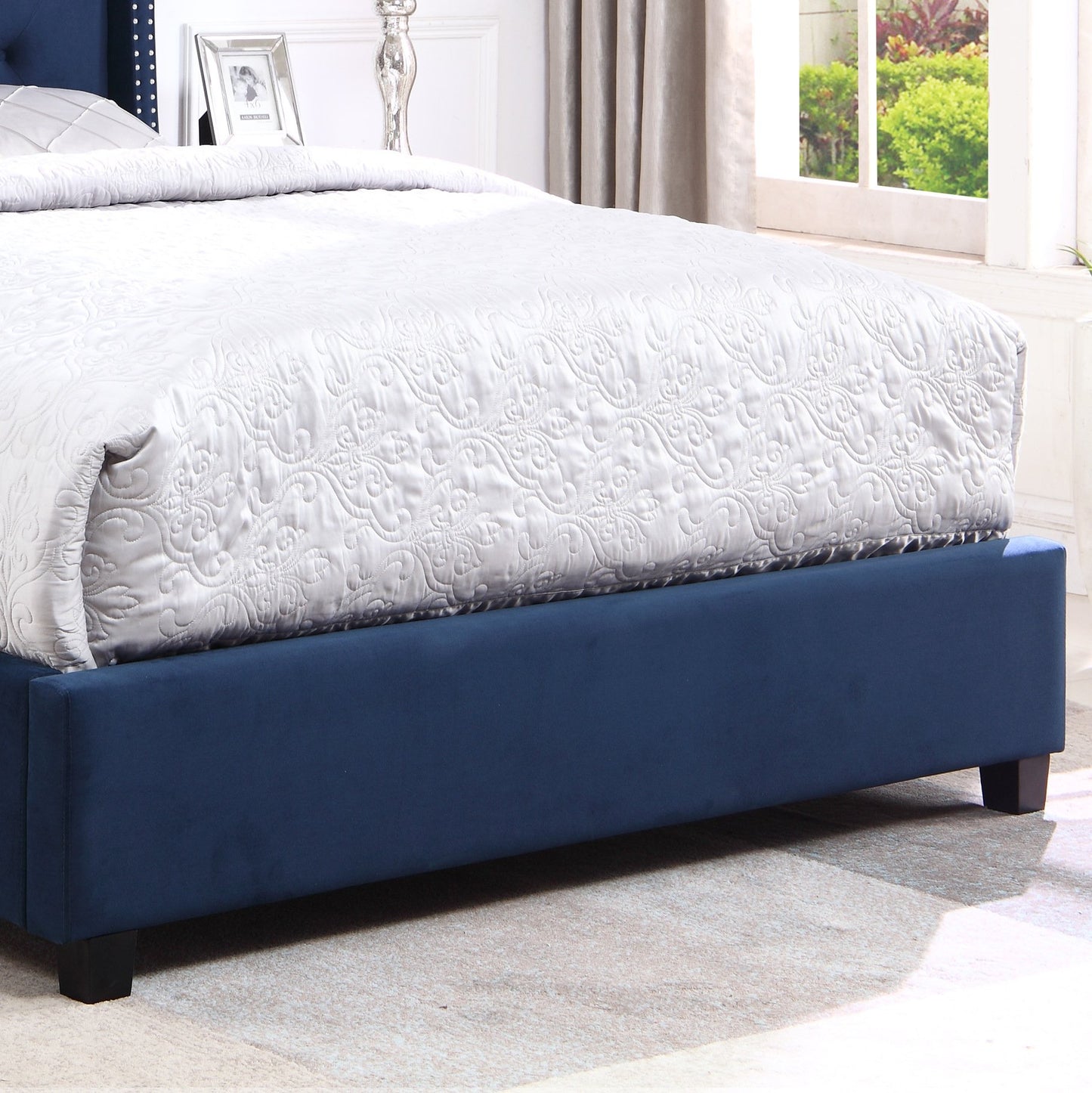Summit Fabric Button Tufted Wingback Upholstered Bed with Nail Head Trim, Blue