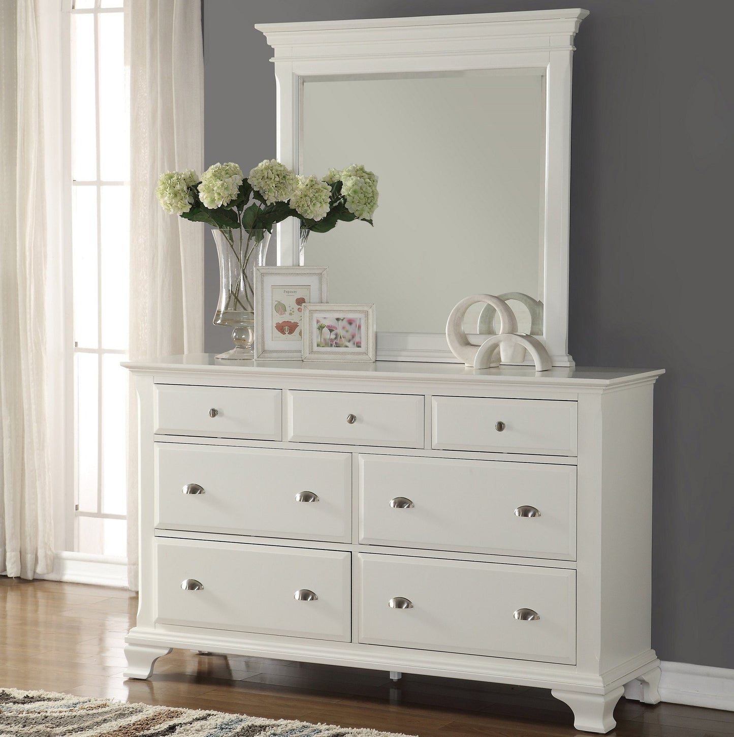 Laveno 012 White Wood 7-Drawer Dresser and Mirror