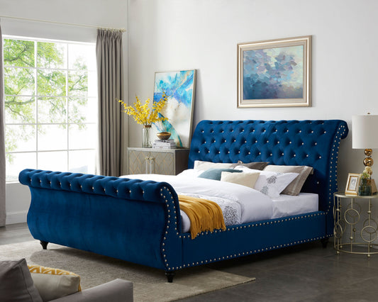 Evora Blue Velvet Upholstered Crystal Button Tufted Sleigh Bed
