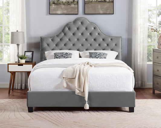 Floris Portman Style Diamond Tufted Upholstered Bed with Nailhead in Gray