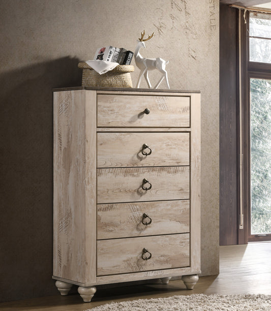 Imerland Contemporary White Wash Finish Patched Wood Top 5-drawer Chest