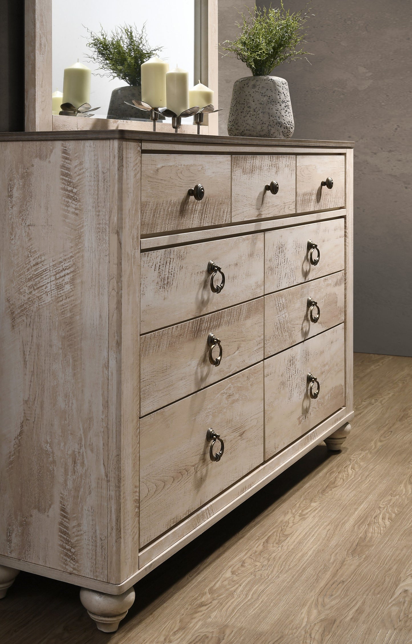 Imerland Contemporary White Wash Finish Patched Wood Top 7-drawer Dresser and Mirror