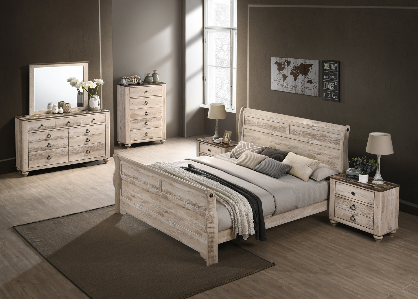 Imerland Contemporary White Wash Finish Bedroom Collection - Sleigh Bed