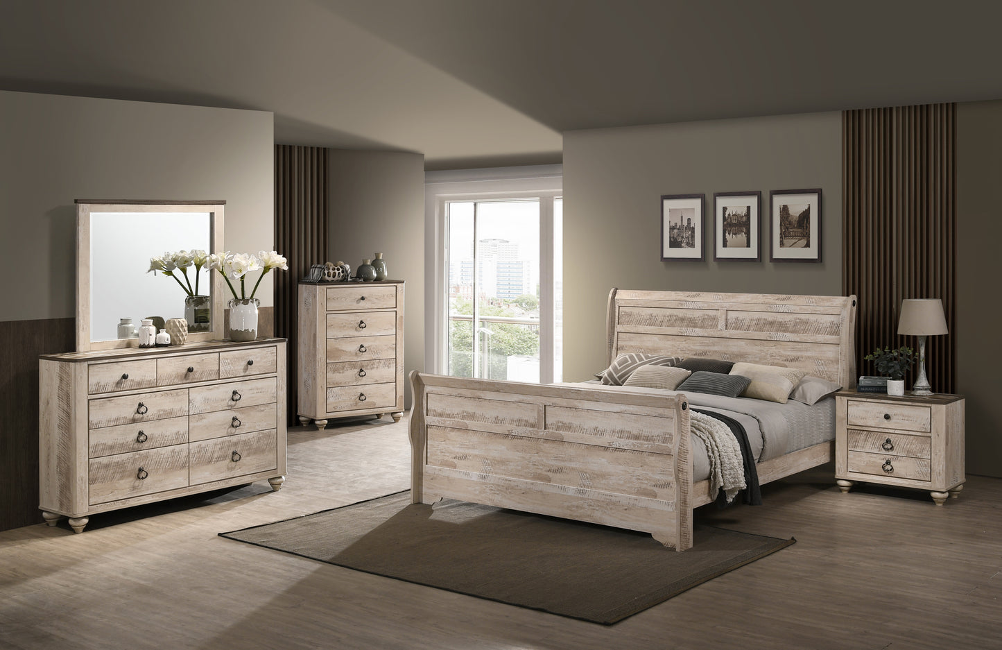 Imerland Contemporary White Wash Finish Bedroom Collection - Sleigh Bed