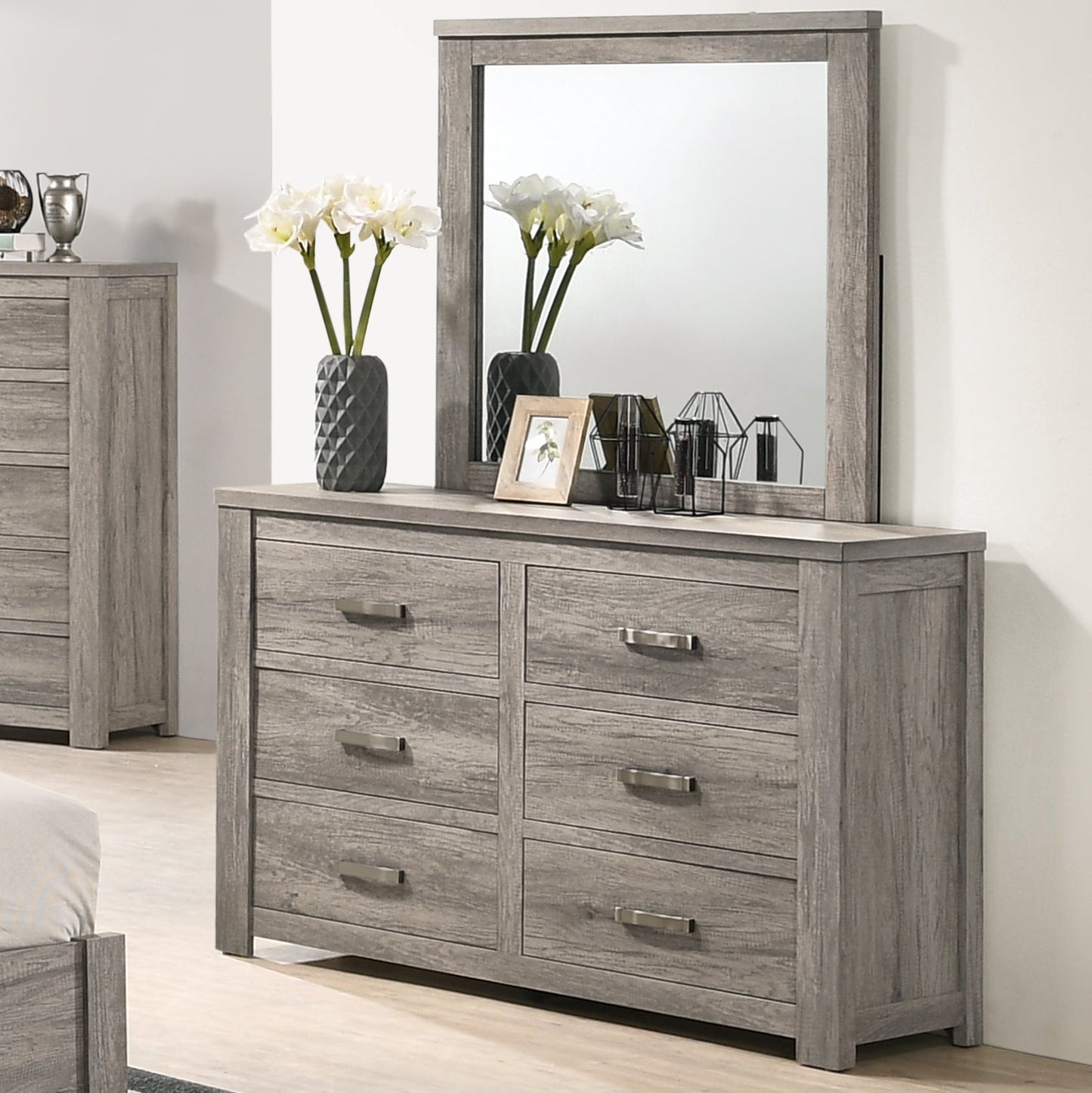 meadow dresser in weathered grey Floren Contemporary Weathered Gray Wood 6-Drawer Dresser with Mirror Roundhill Furniture
