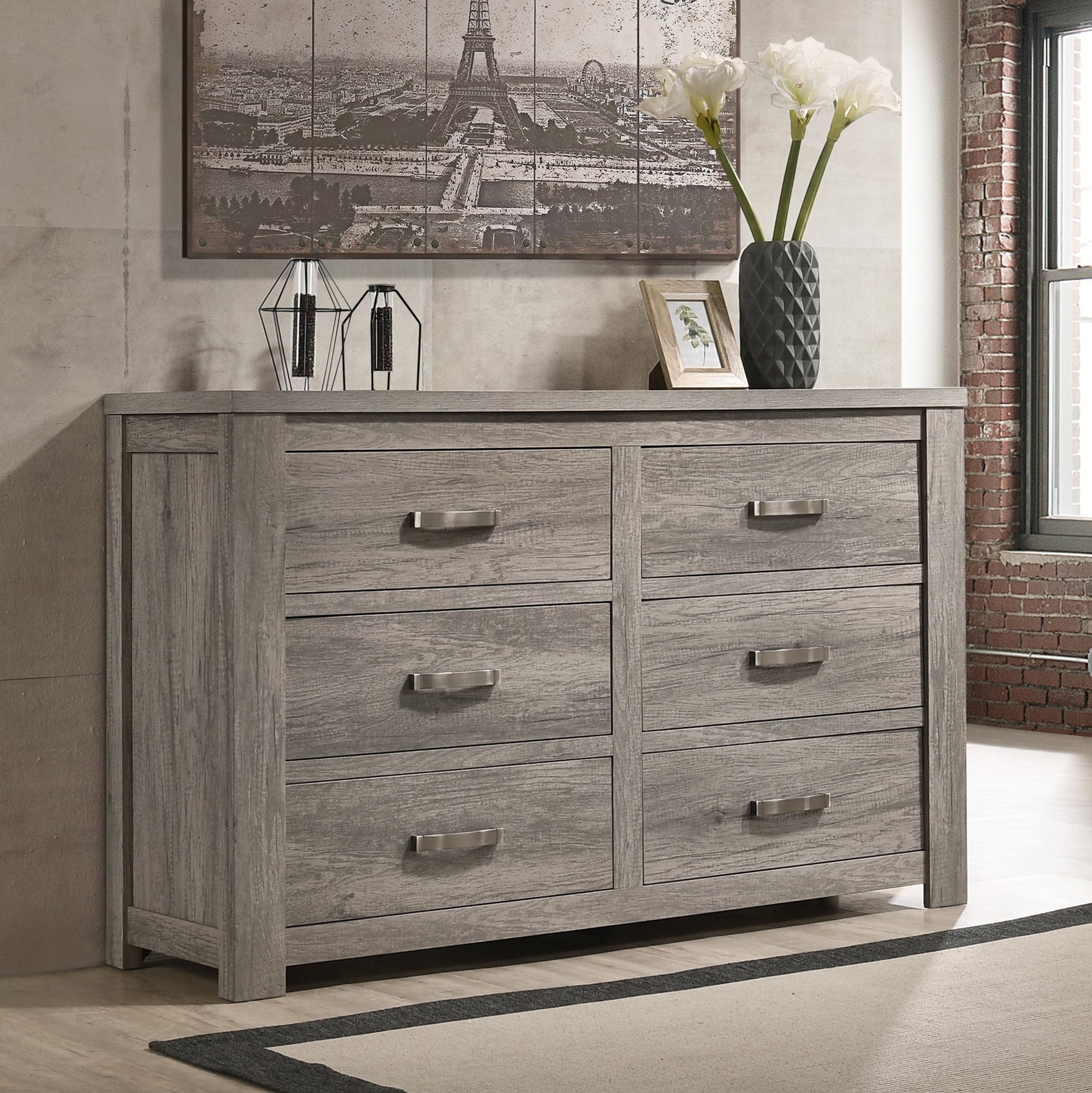 Floren Contemporary Weathered Gray Wood 6-Drawer Dresser with Mirror Roundhill Furniture Floren Contemporary Weathered Gray Wood 6-Drawer Dresser with Mirror Roundhill Furniture