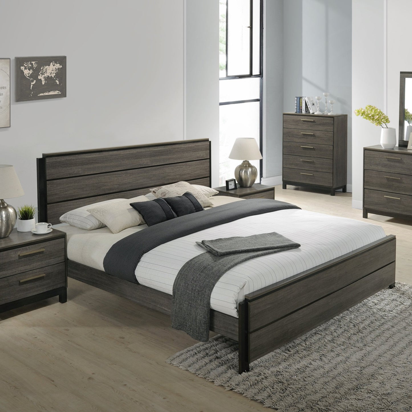 Ioana Contemporary Wood Panel Bed, Gray Finish