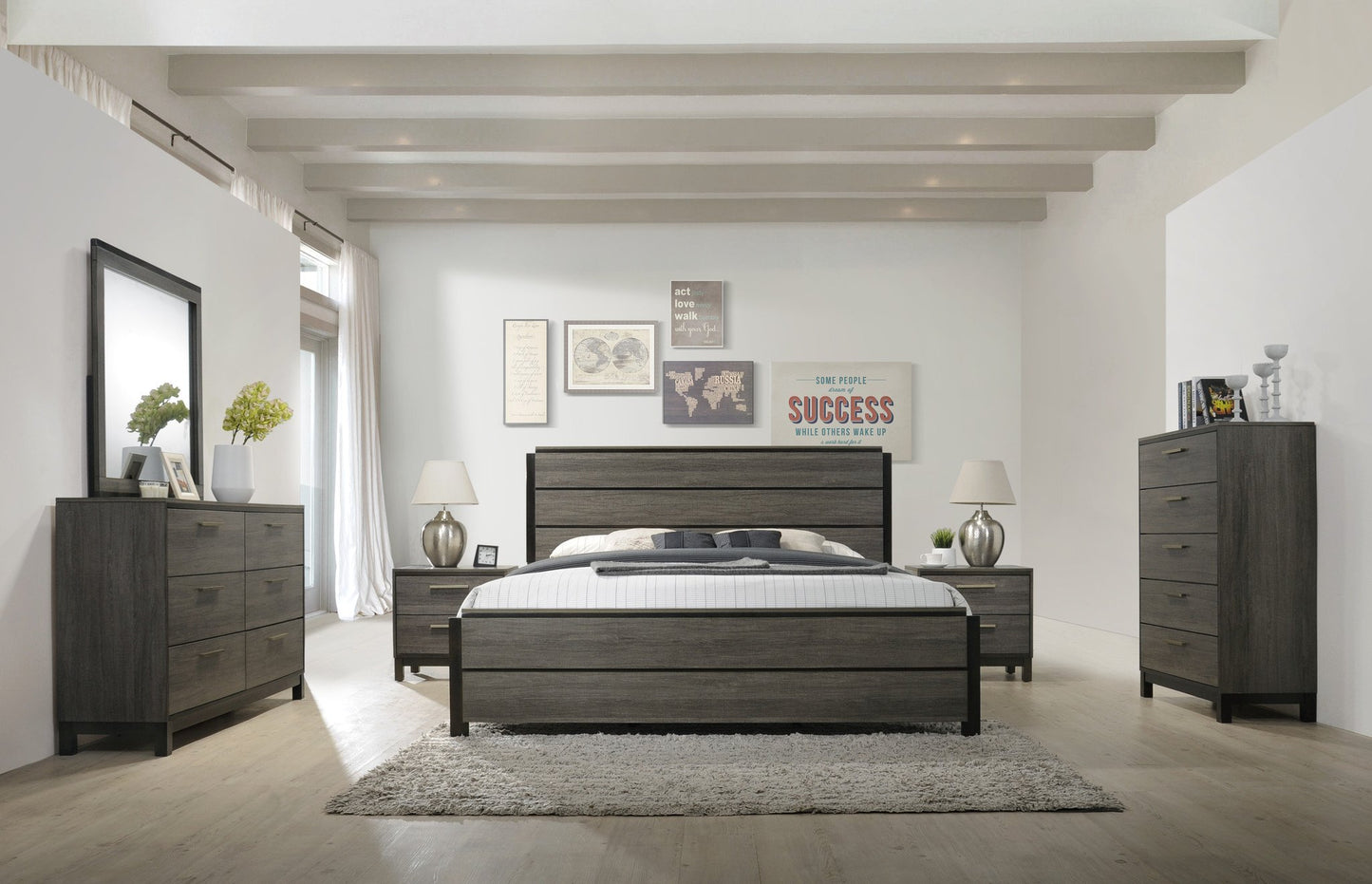 Ioana Contemporary Wood Panel Bed, Gray Finish