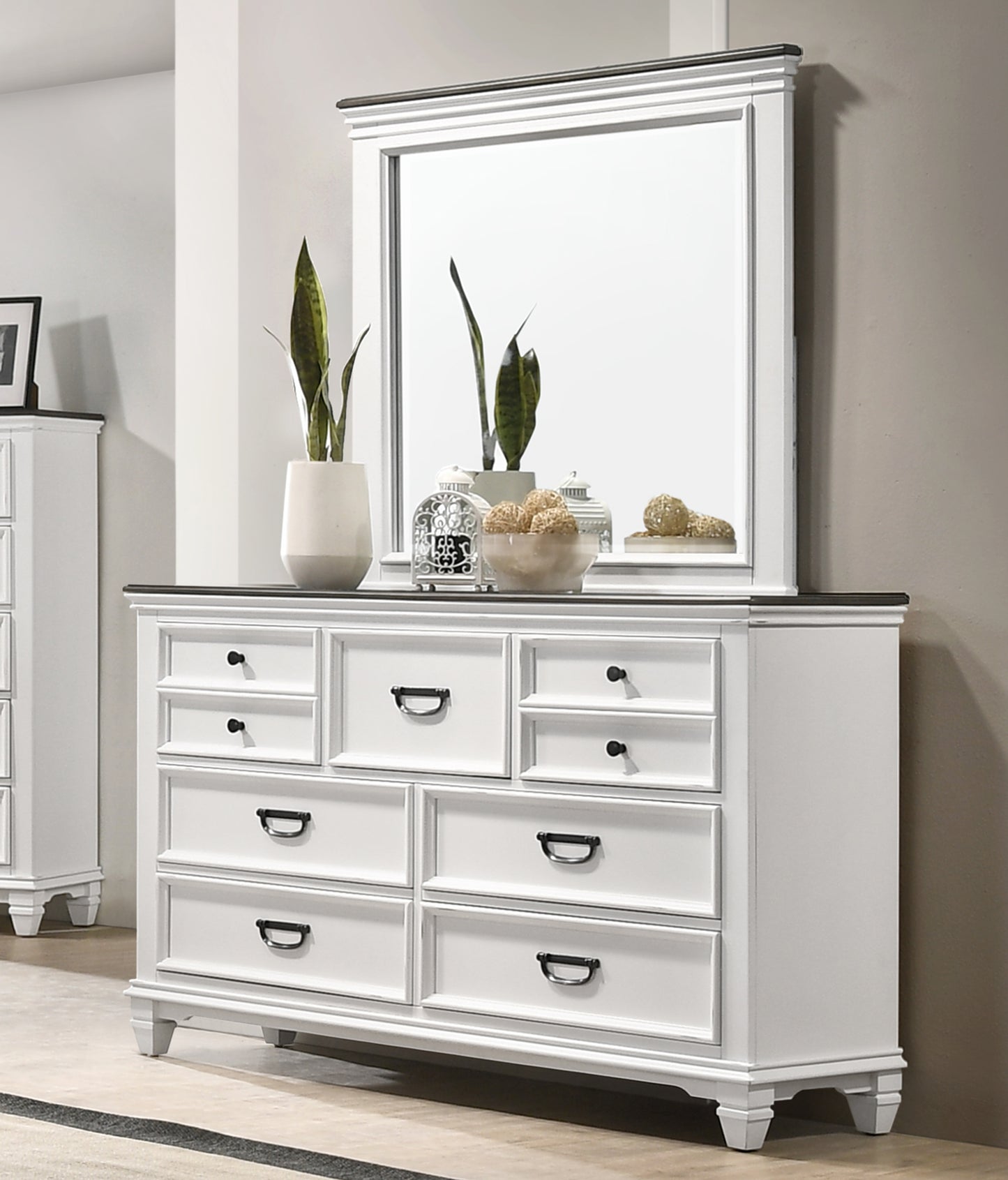 Clelane Wood 7-Drawer Dresser with Mirror, Weathered White and Gray