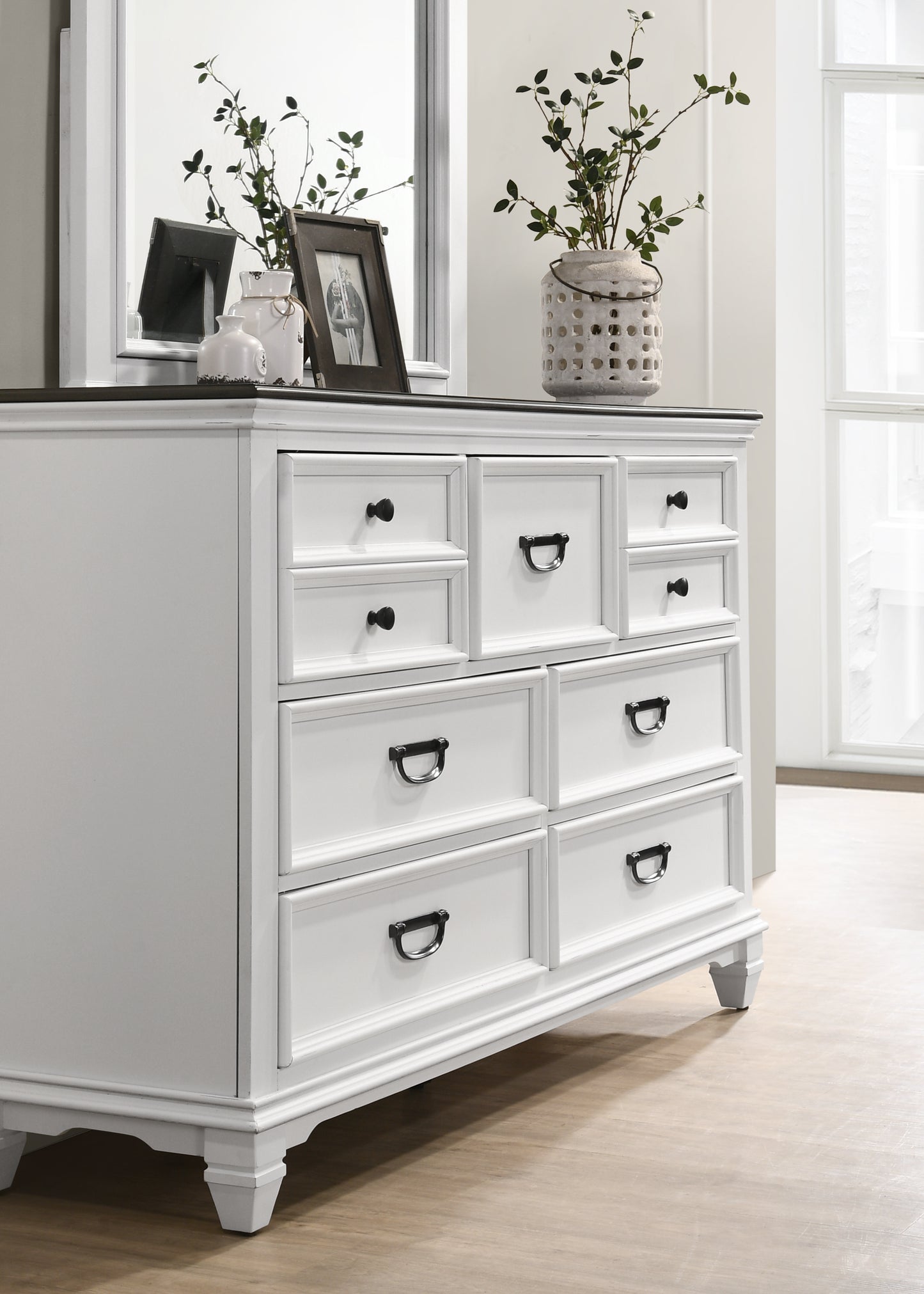 Clelane Wood 7-Drawer Dresser with Mirror, Weathered White and Gray