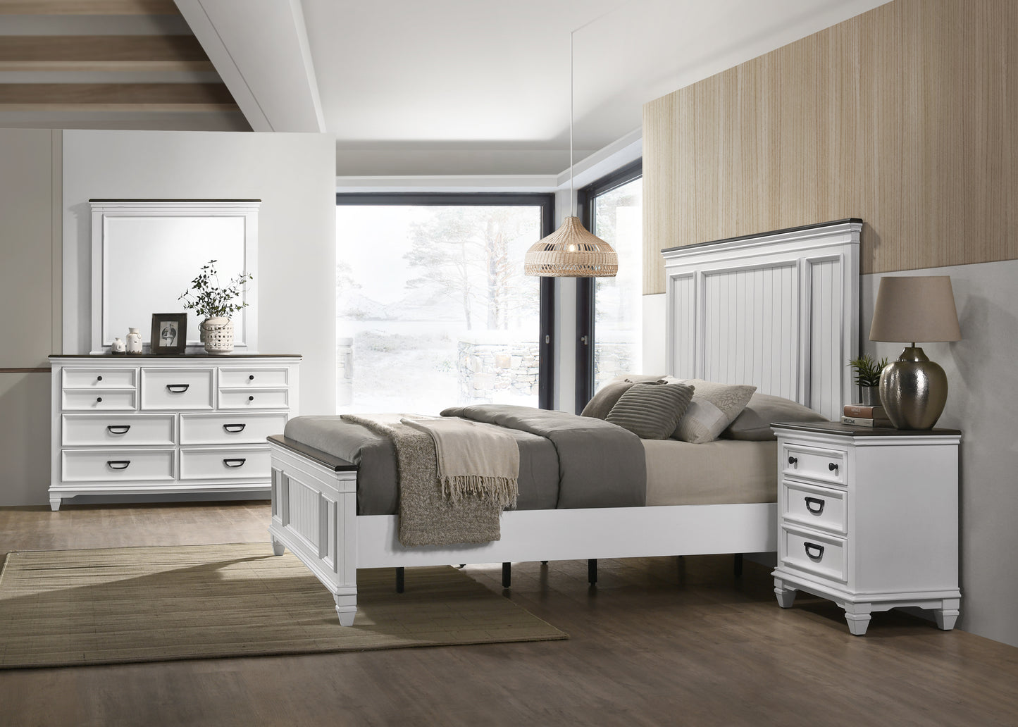 Clelane Wood Bedroom Set with Shiplap Panel Bedroom Collection, Weathered White and Gray