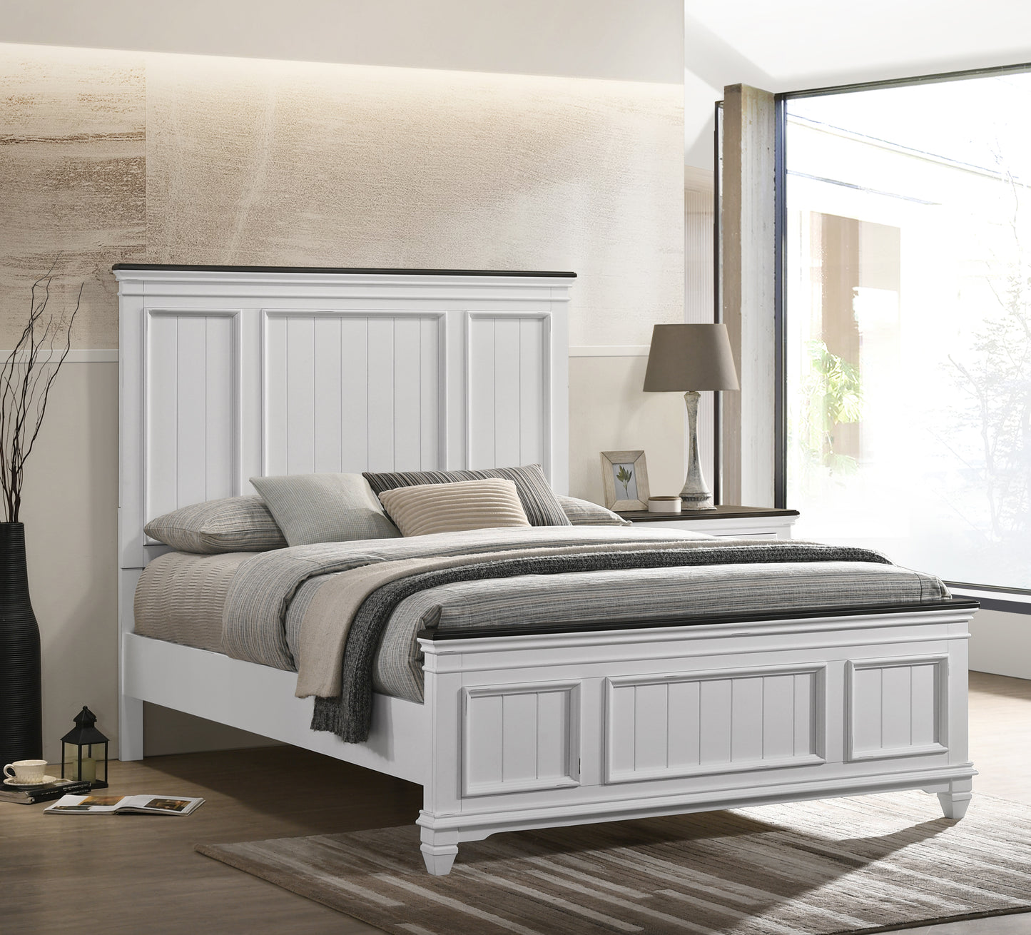 Clelane Shiplap Wood Panel Bed, Weathered White and Gray