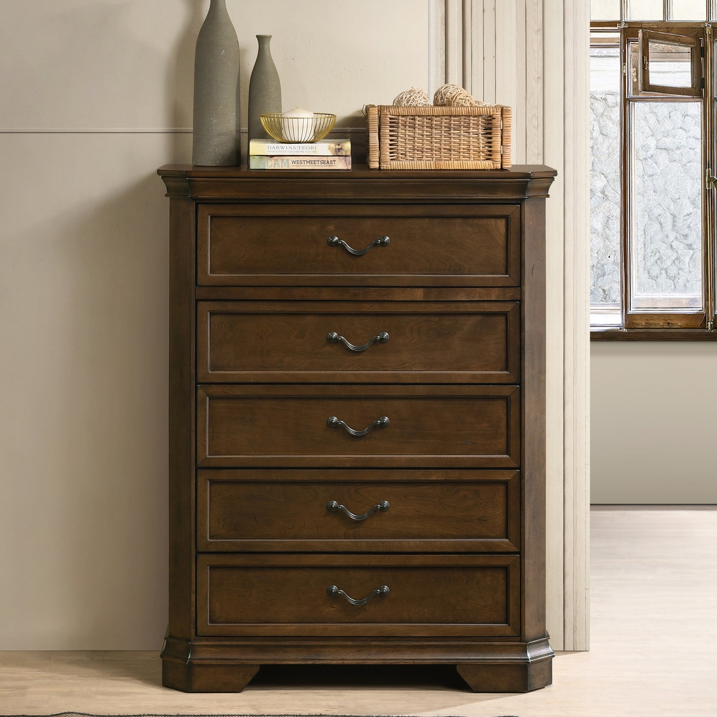 Maderne Traditional Wood 5-Drawer Chest, Antique Walnut Finish