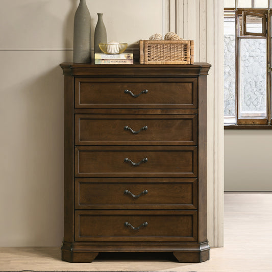 Maderne Traditional Wood 5-Drawer Chest, Antique Walnut Finish