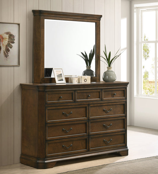 Maderne Traditional Wood 9-Drawer Dresser with Mirror, Antique Walnut Finish