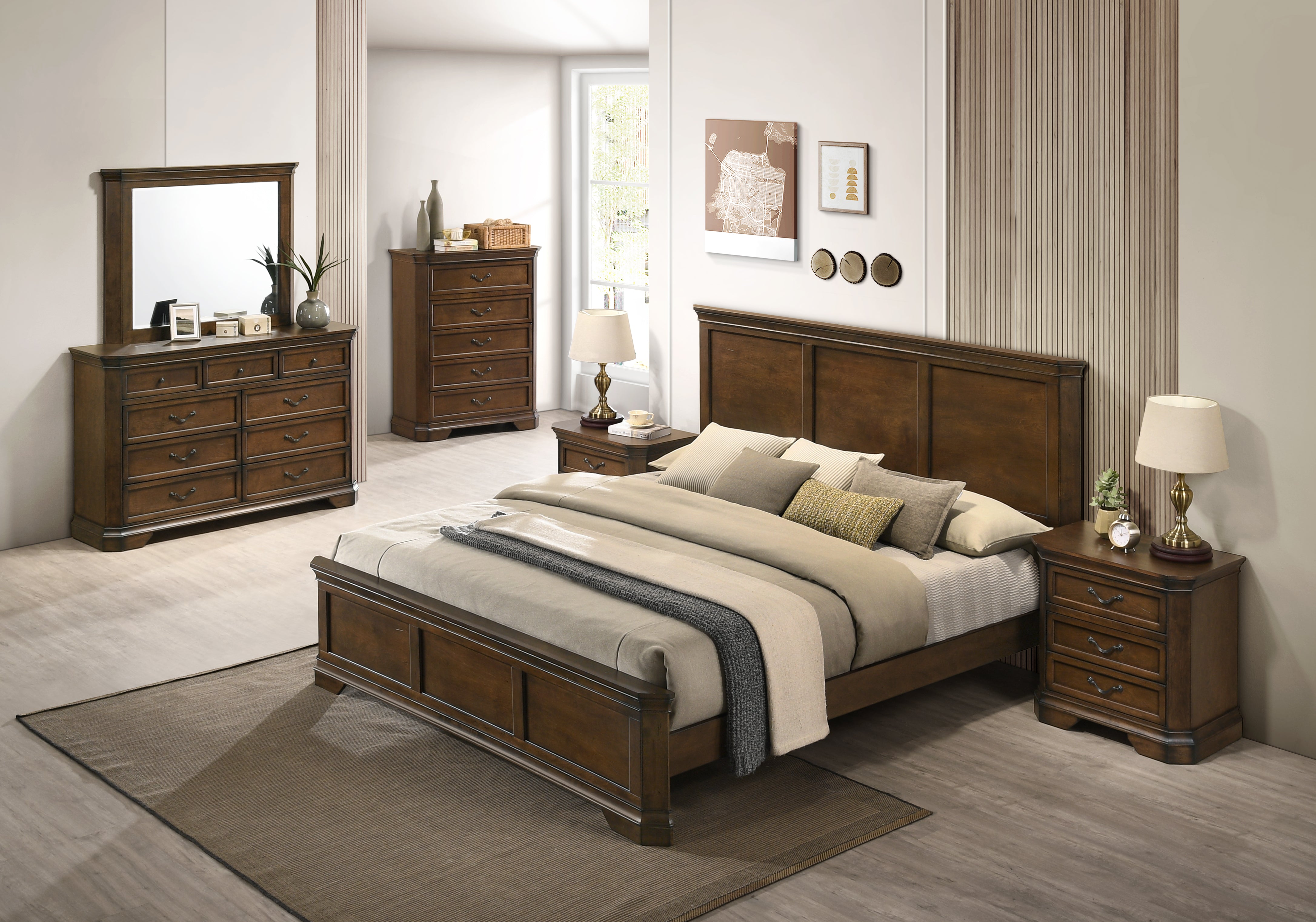 Maderne Traditional Wood Panel Bedroom Collection, Antique Walnut 