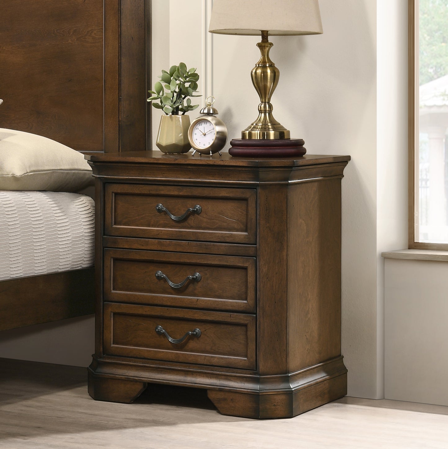 Maderne Traditional Wood 3-Drawer Nightstand, Antique Walnut Finish