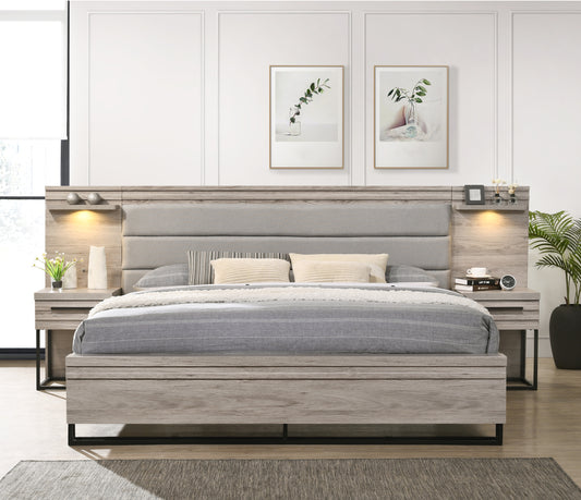Alvear Upholstered Wood Wallbed Bed with White LED Lights, 2 Nightstands, Weathered Gray