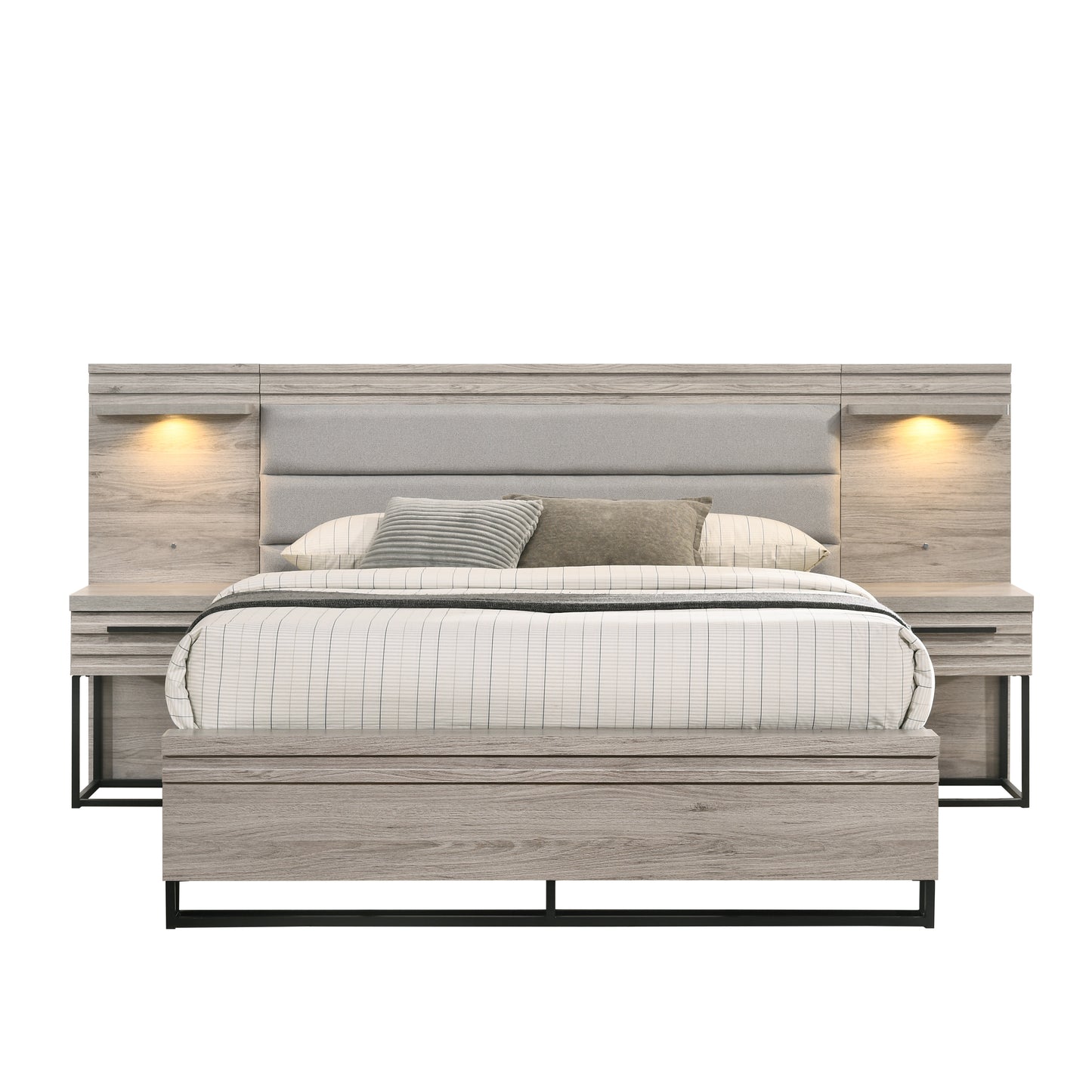 Alvear Upholstered Wood Wallbed Bed with White LED Lights, 2 Nightstands, Weathered Gray