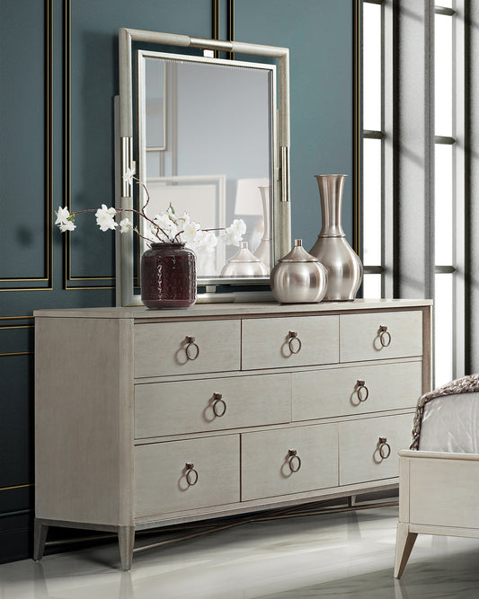 Mantalia Solid Wood 8-Drawer Dresser and Mirror with Metal Frame, Champagne