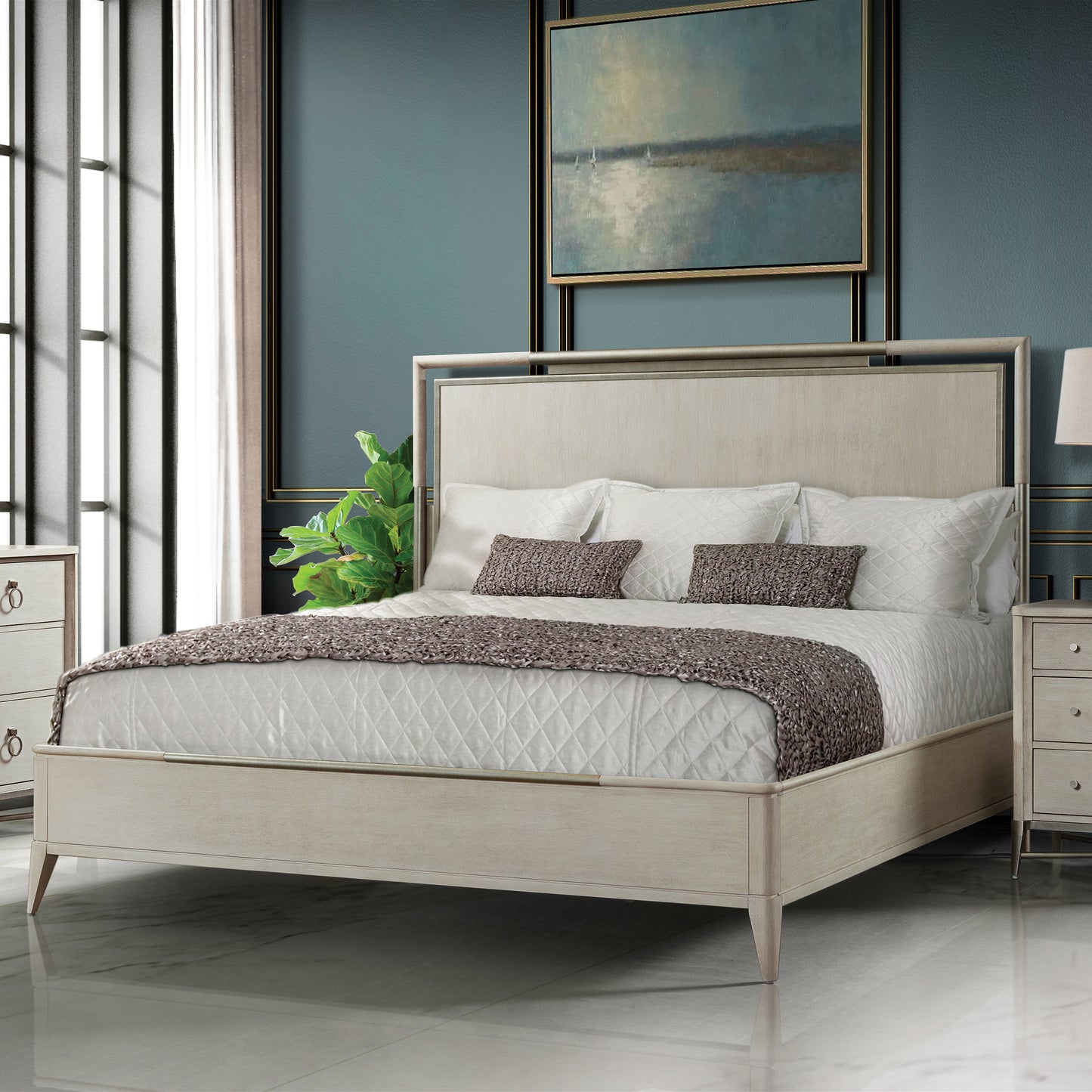 Mantalia Solid Wood Panel Bed with Metal Frame, Champagne