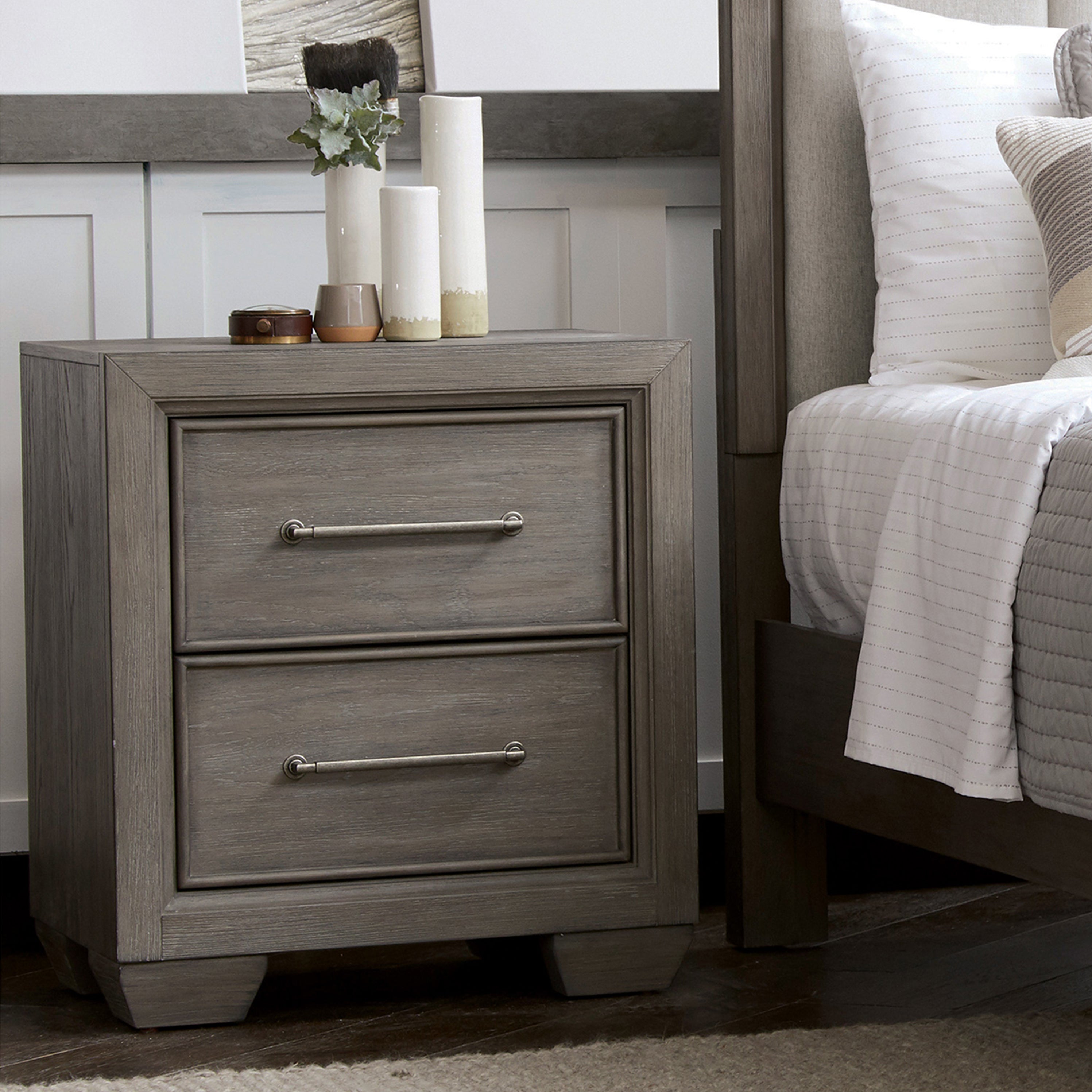 Ennesley Wood 2 Drawers Nightstand with USB Charger, Gray – Roundhill ...