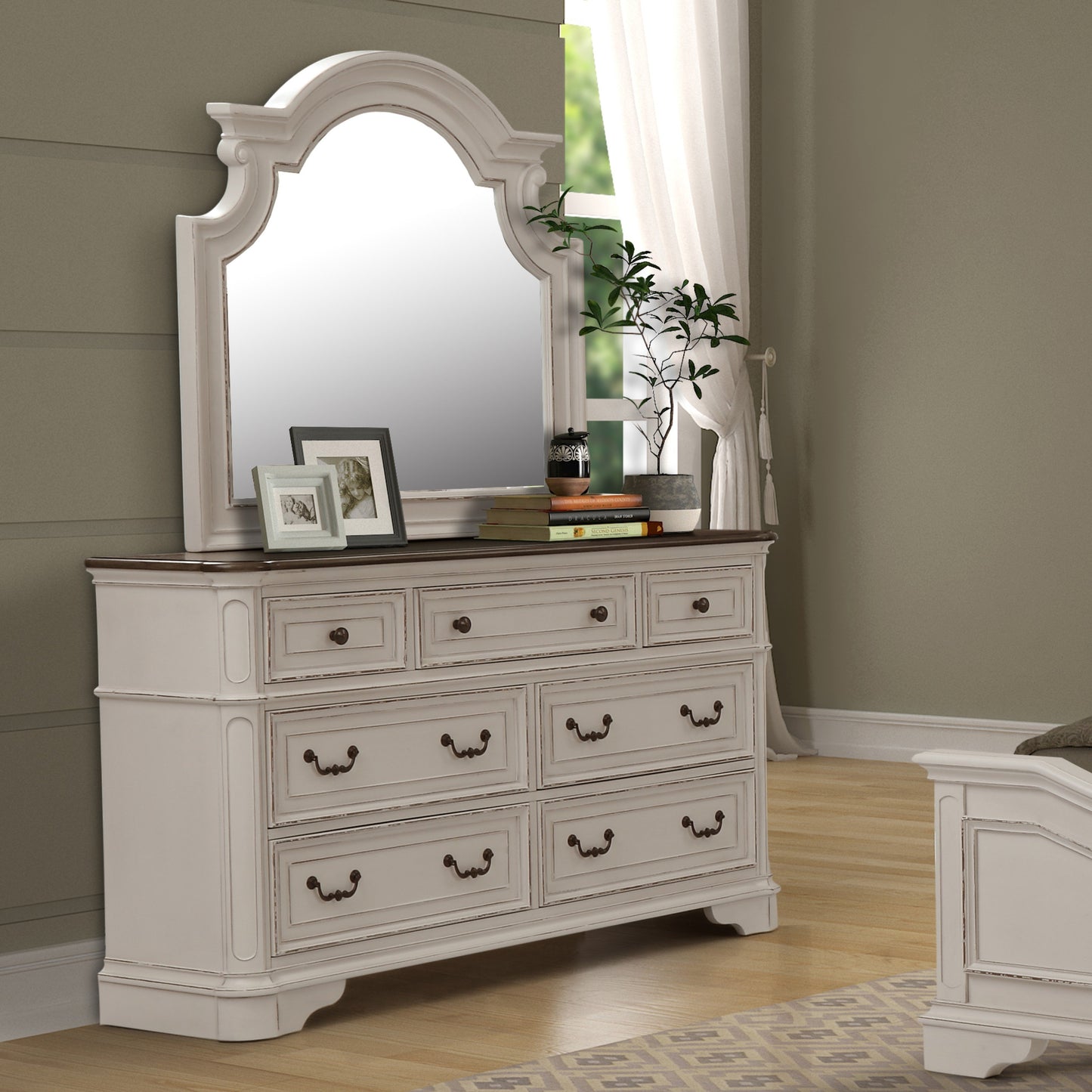 Laval Antique White and Oak Wood Dresser and Mirror