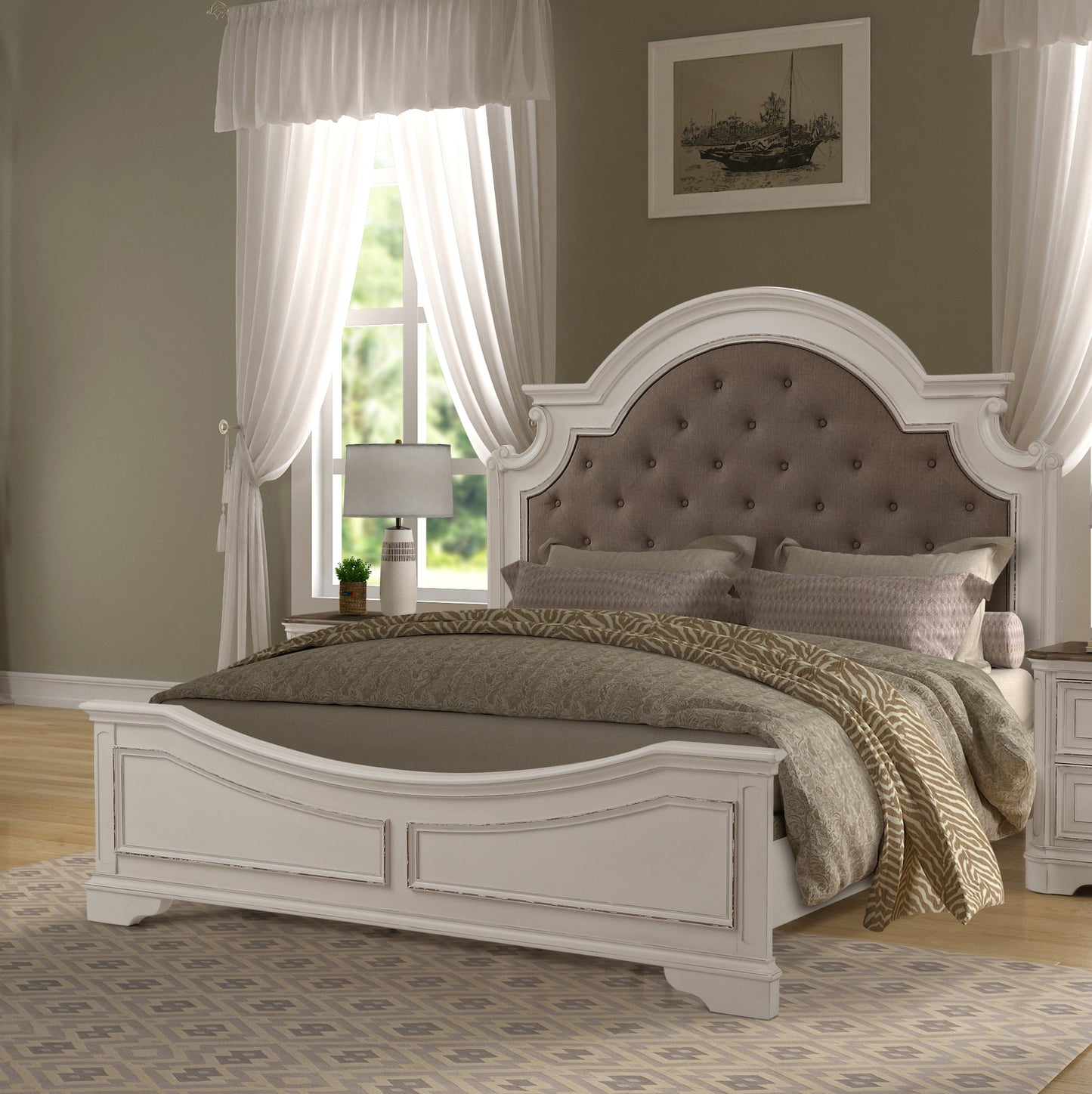 Laval Antique White and Oak Wood Upholstered Bed