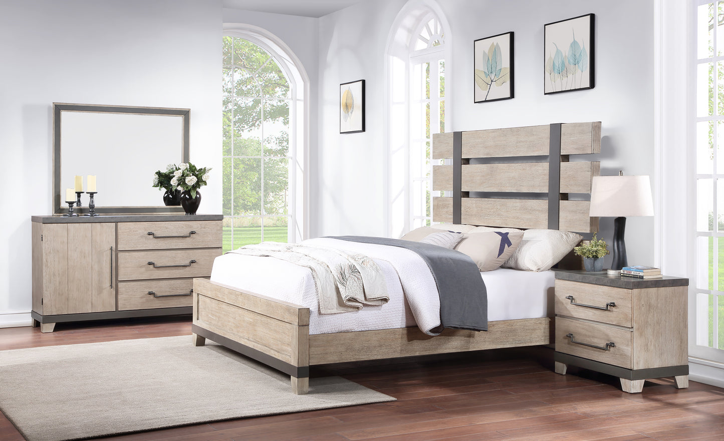 Arbela Wood Slatted Panel Bedroom Collection, Weathered Oak Finish