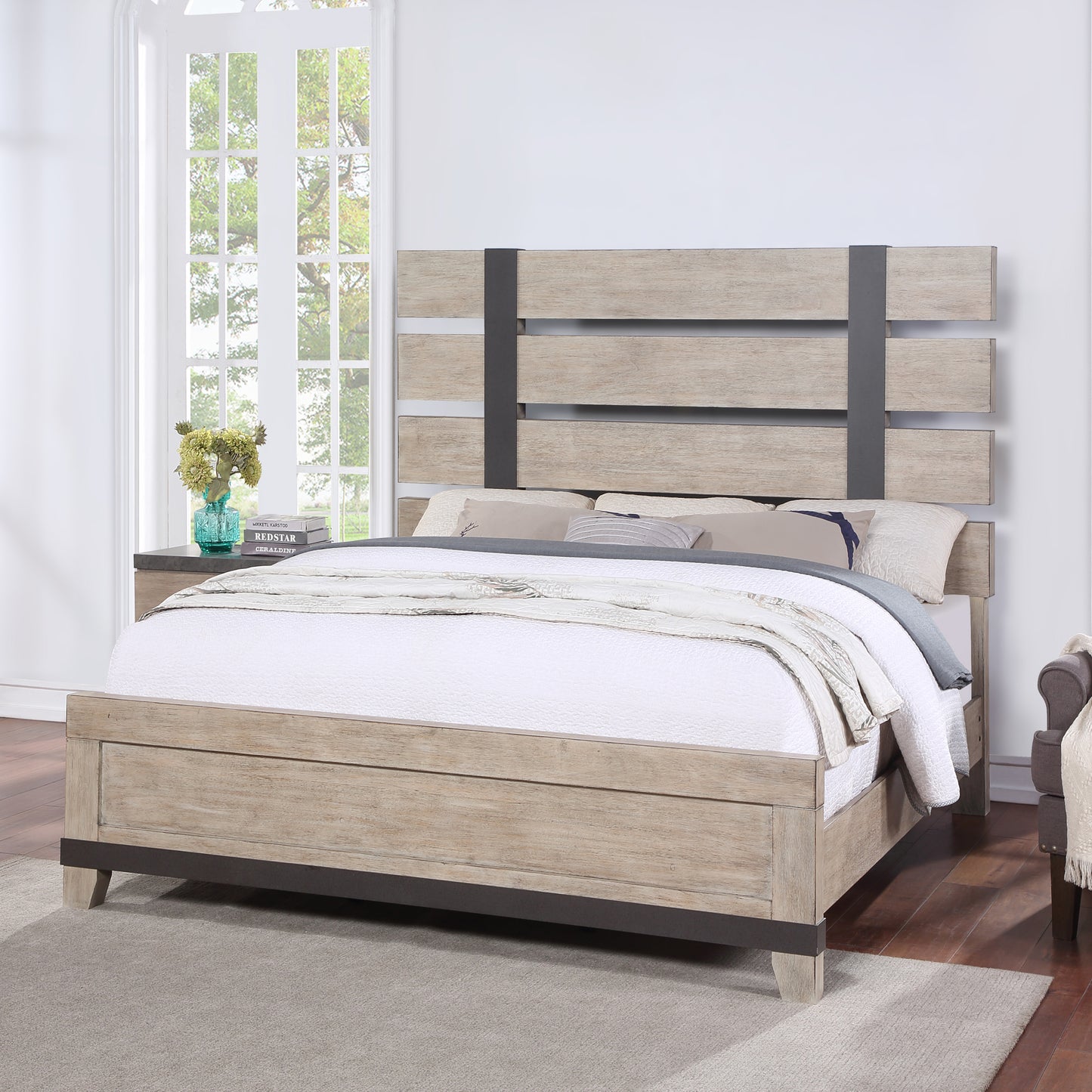 Arbela Wood Slatted Panel Bedroom Collection, Weathered Oak Finish