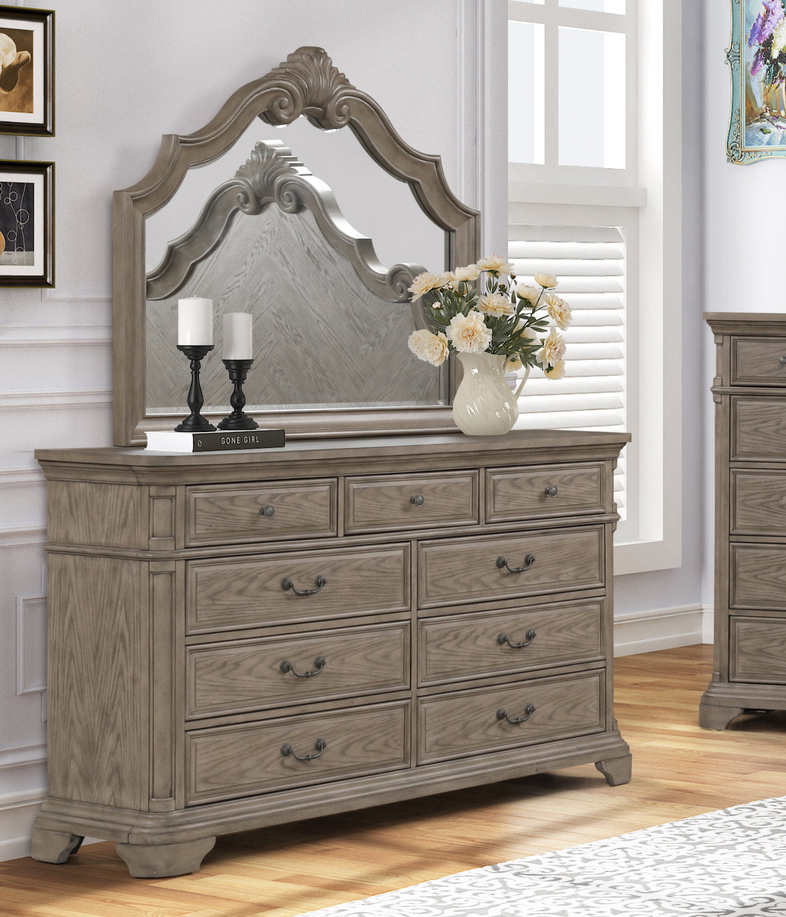 Levan 9-Drawer Wood Dresser with Mirror in Light Gray