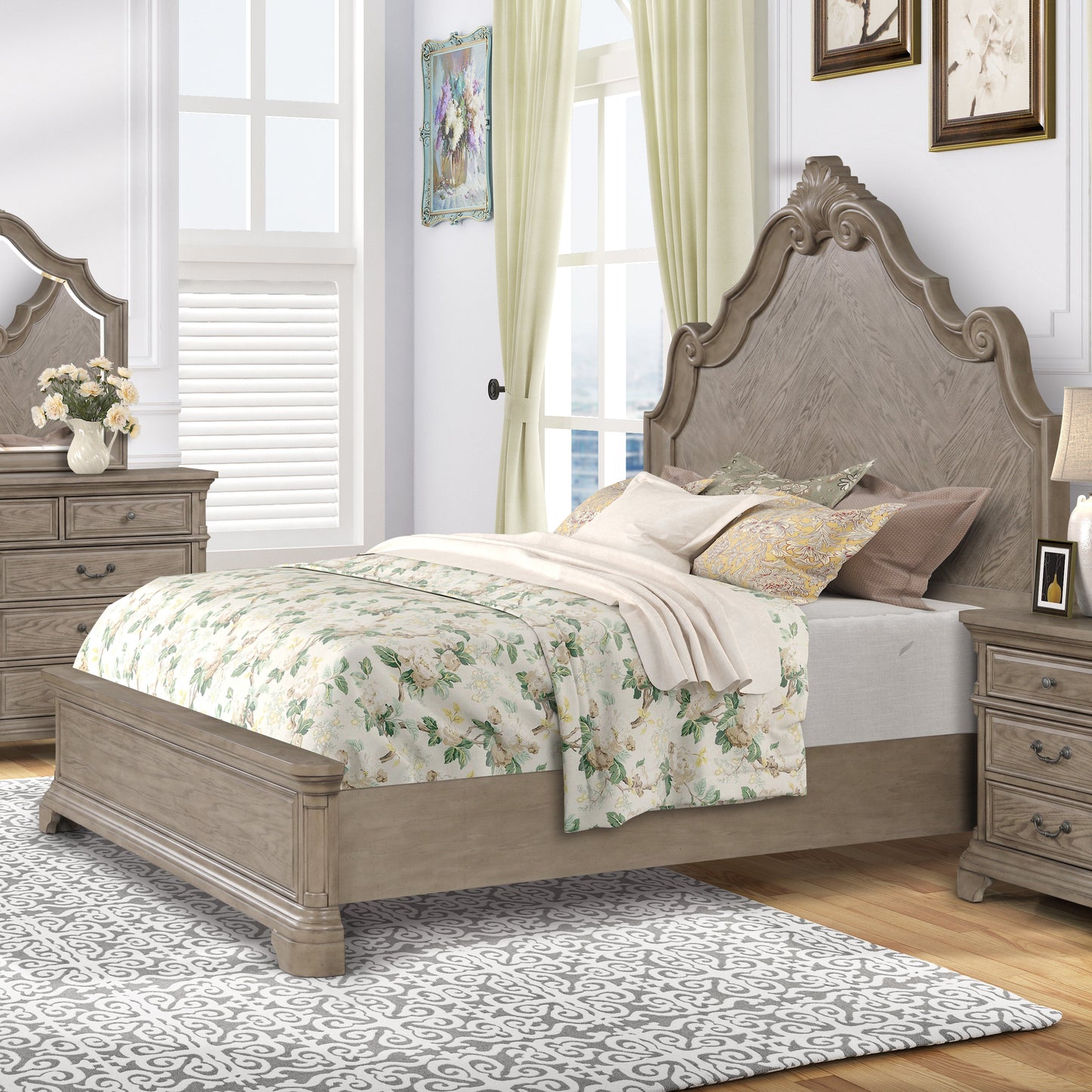 Levan Carved Wood Bed in Light Gray