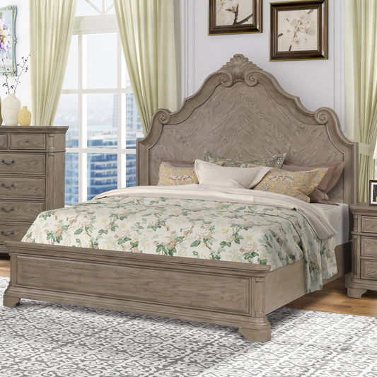 Levan Carved Wood Bed in Light Gray